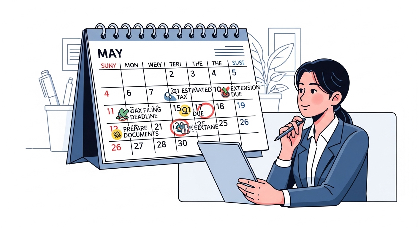 달력에 세무 관련 제출 날짜를 표시하고 있는 젊은 전문가