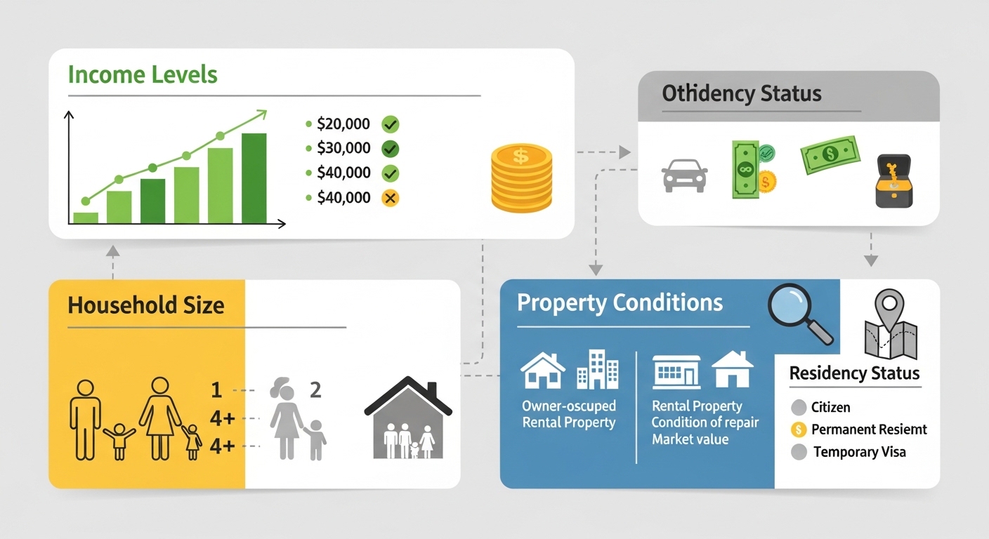 수입 수준과 재산 조건 등 혜택 수급 기준을 보여주는 인포그래픽 스타일 레이아웃