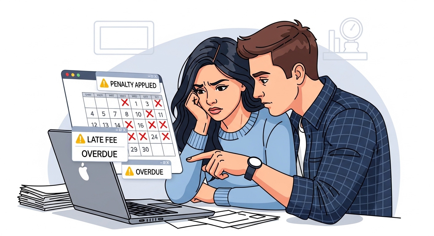 노트북으로 놓친 마감일과 재정적 불이익에 대해 검토하는 젊은 부부