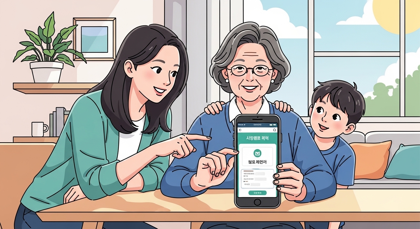 스마트폰으로 세금 혜택 신청을 하는 어르신과 가족의 도움 장면