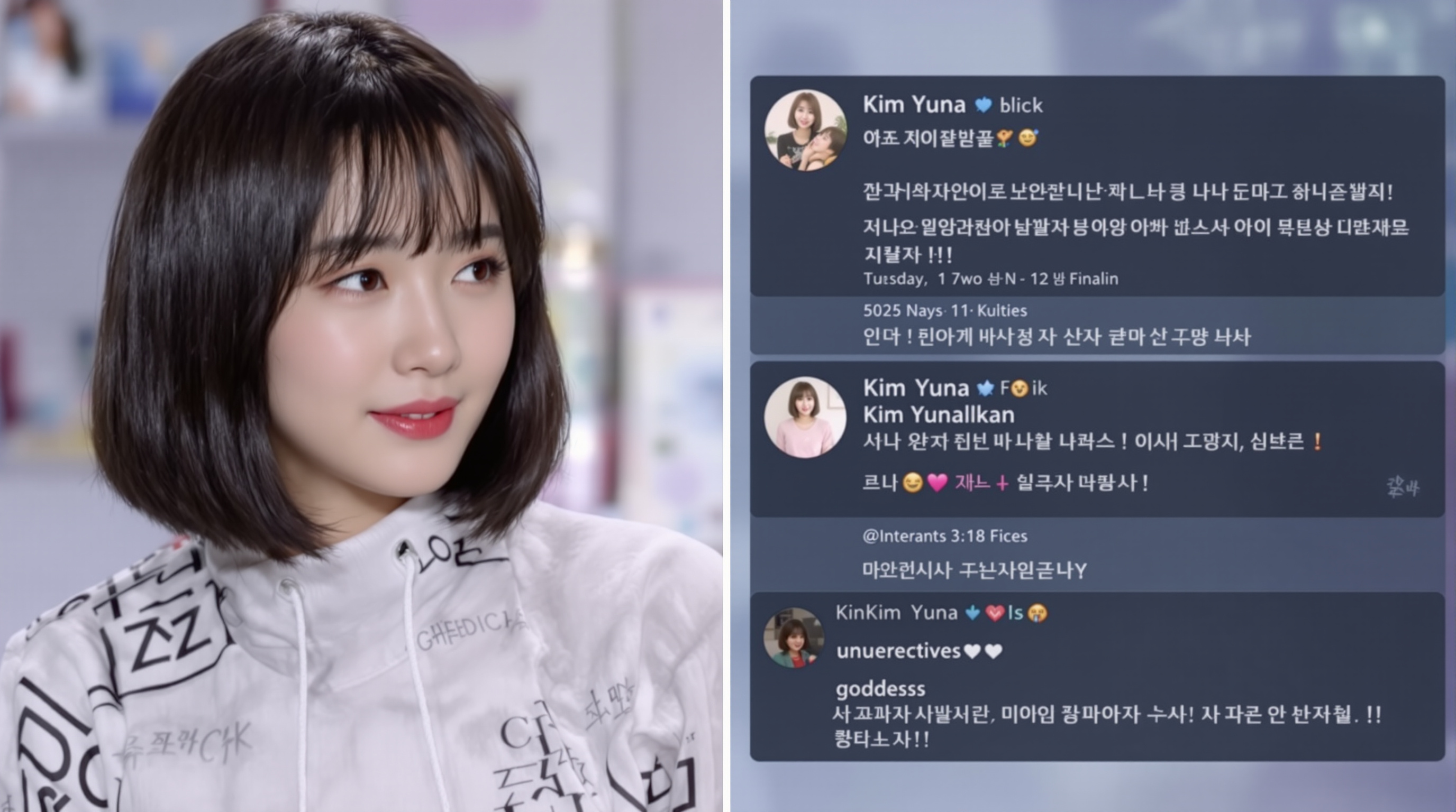김연아의 새로운 스타일에 대한 찬사가 가득한 소셜 미디어 화면