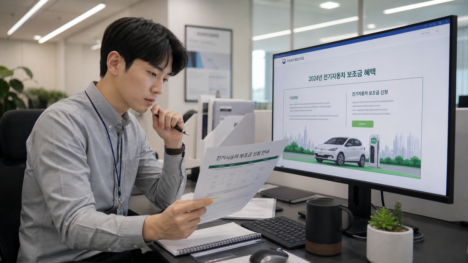현대적인 사무실에서 전기차 보조금 관련 서류를 검토하는 직장인의 모습