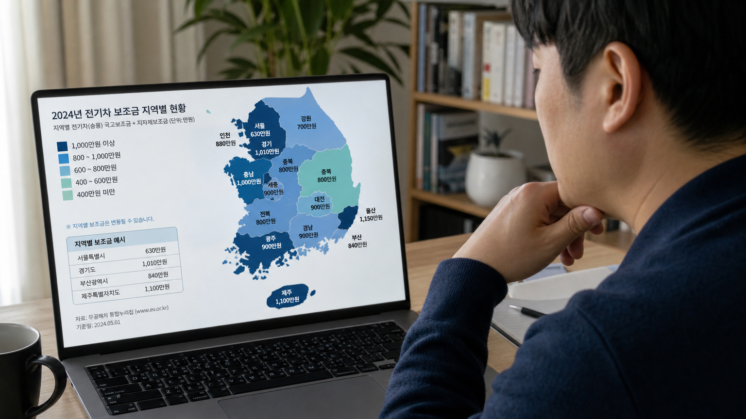 한국 지도와 함께 각 지역별 전기차 보조금을 조사하는 사람