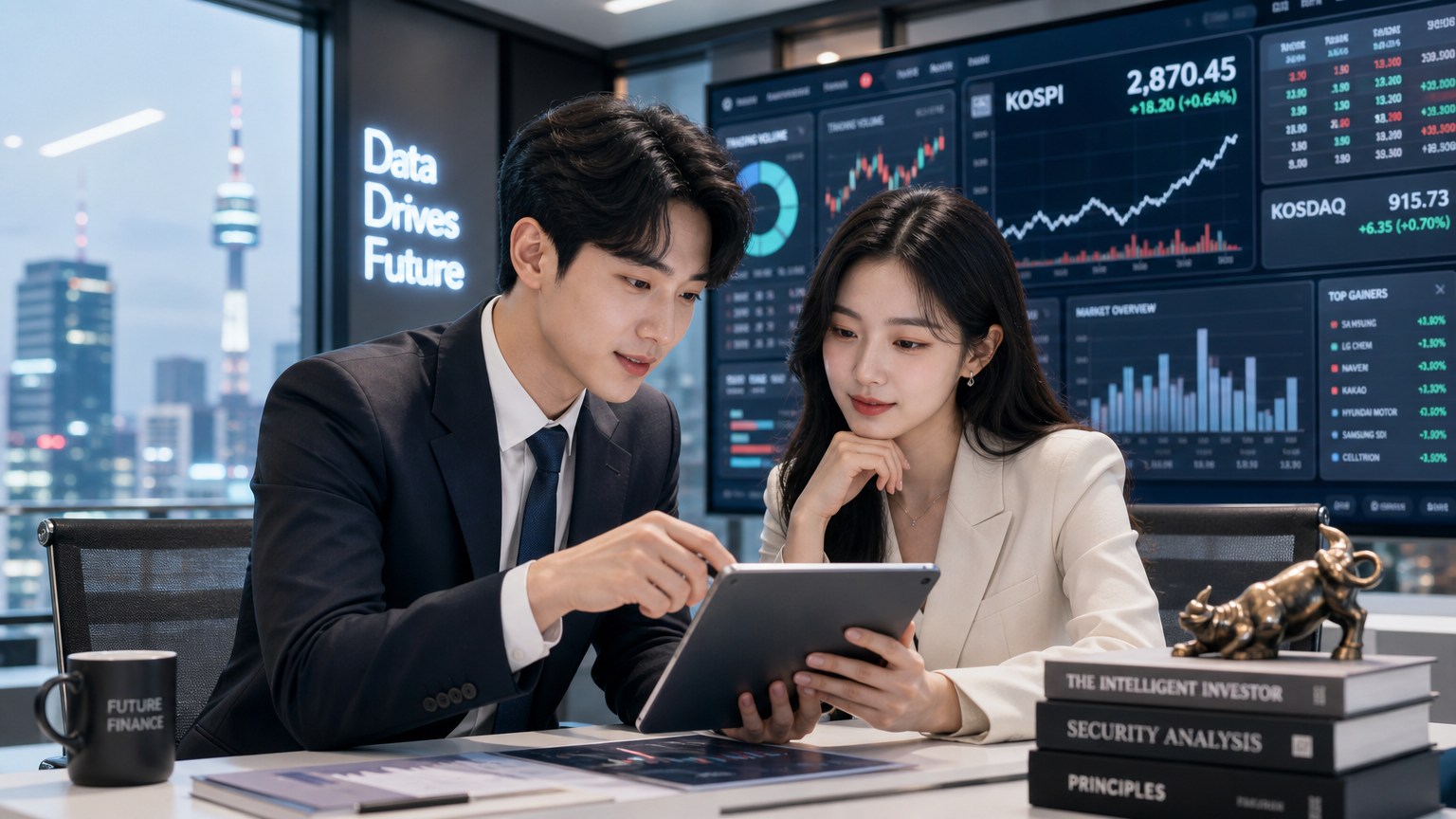 서울의 현대적인 사무실에서 디지털 태블릿으로 주식 시장 동향을 분석하는 투자자들