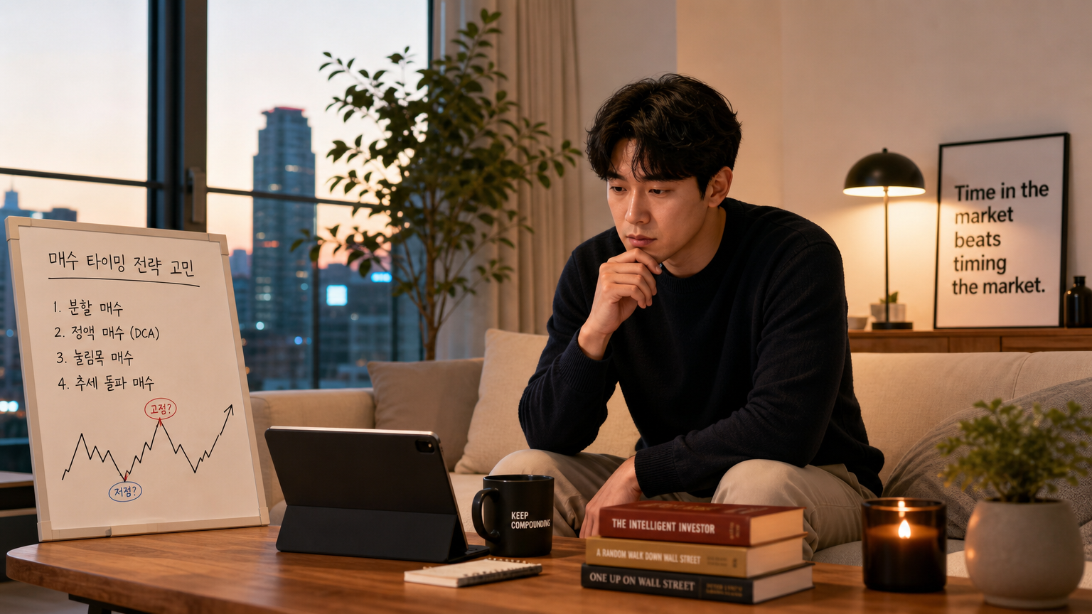 현대적인 아파트 거실에서 매수 타이밍 전략을 고민하는 투자자