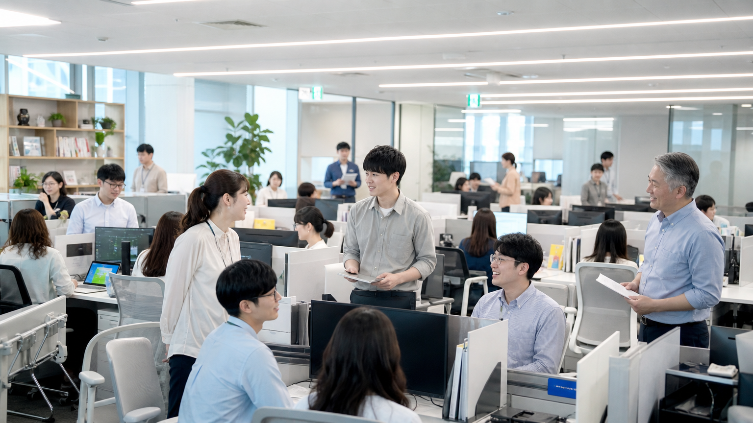다양한 세대의 직원들이 있는 현대적이고 바쁜 한국 사무실