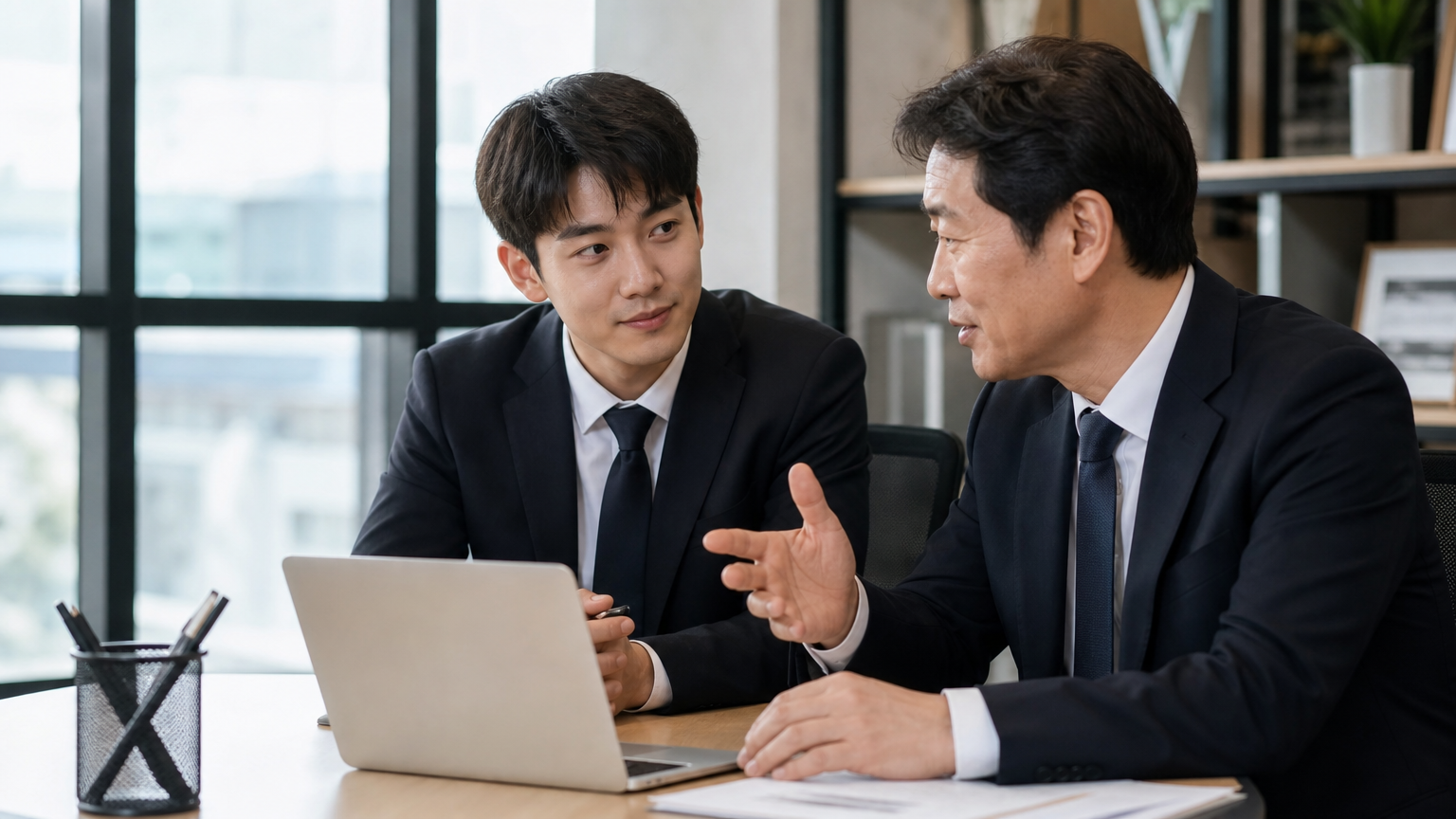 사무실에서 지식과 조언을 교환하며 긍정적인 분위기를 만드는 한국의 멘토와 젊은 전문가