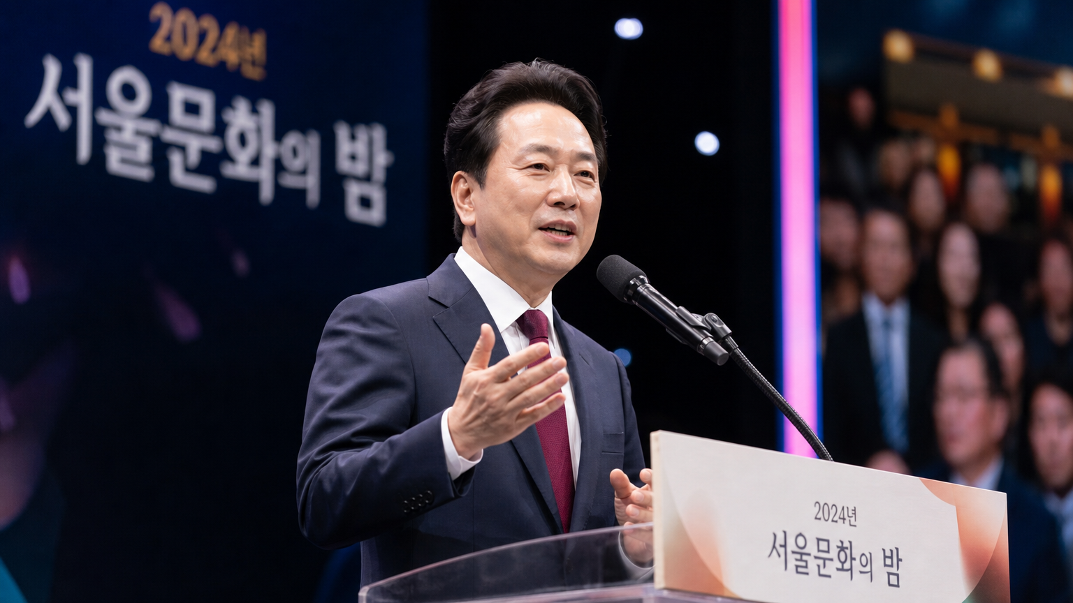 문화예술 행사에서 연설하는 자신감 있는 정치인의 모습