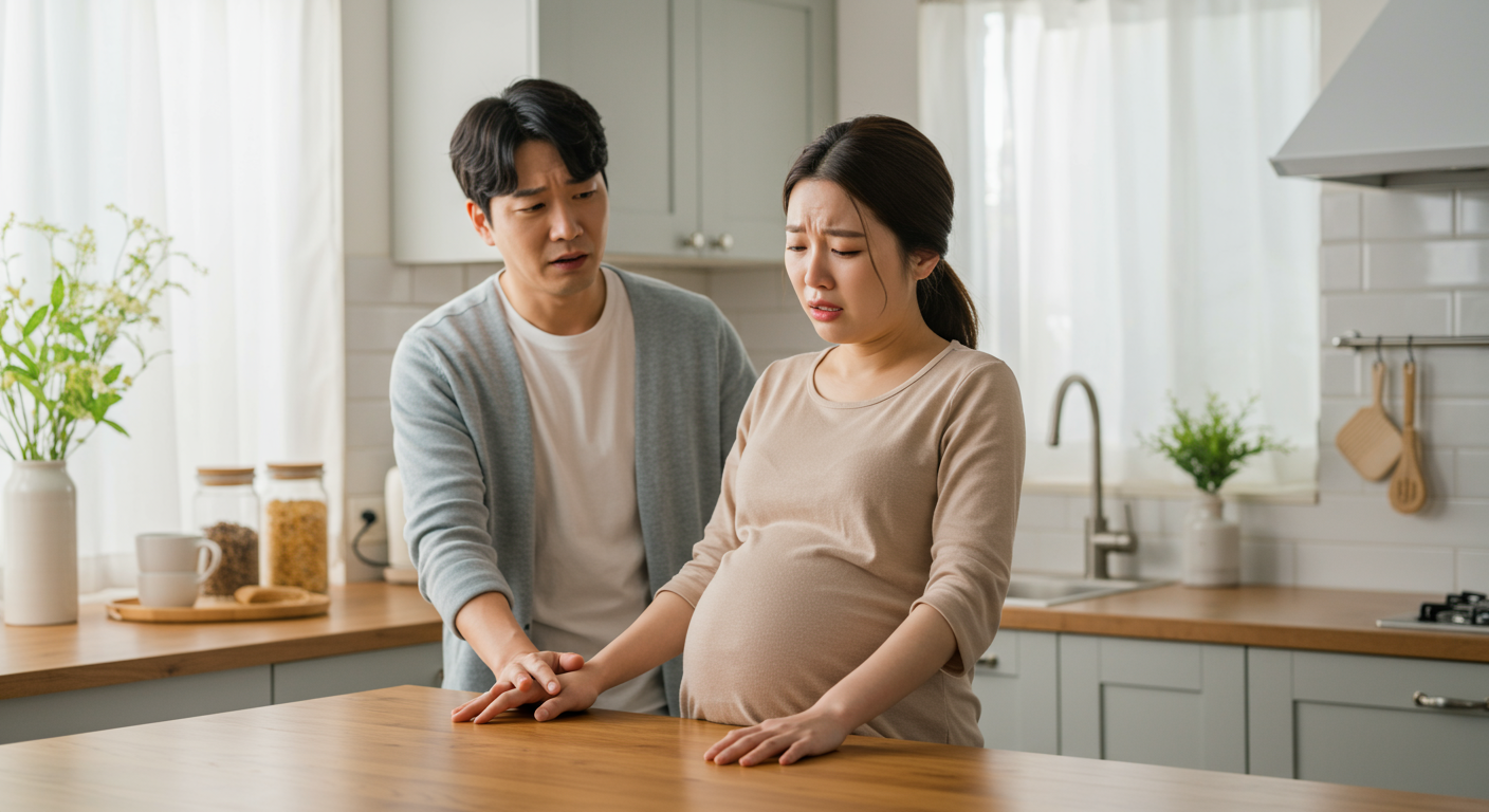 집 안에서 어지럼증을 느끼며 가구를 붙잡고 있는 임신한 여성과 걱정스러운 가족