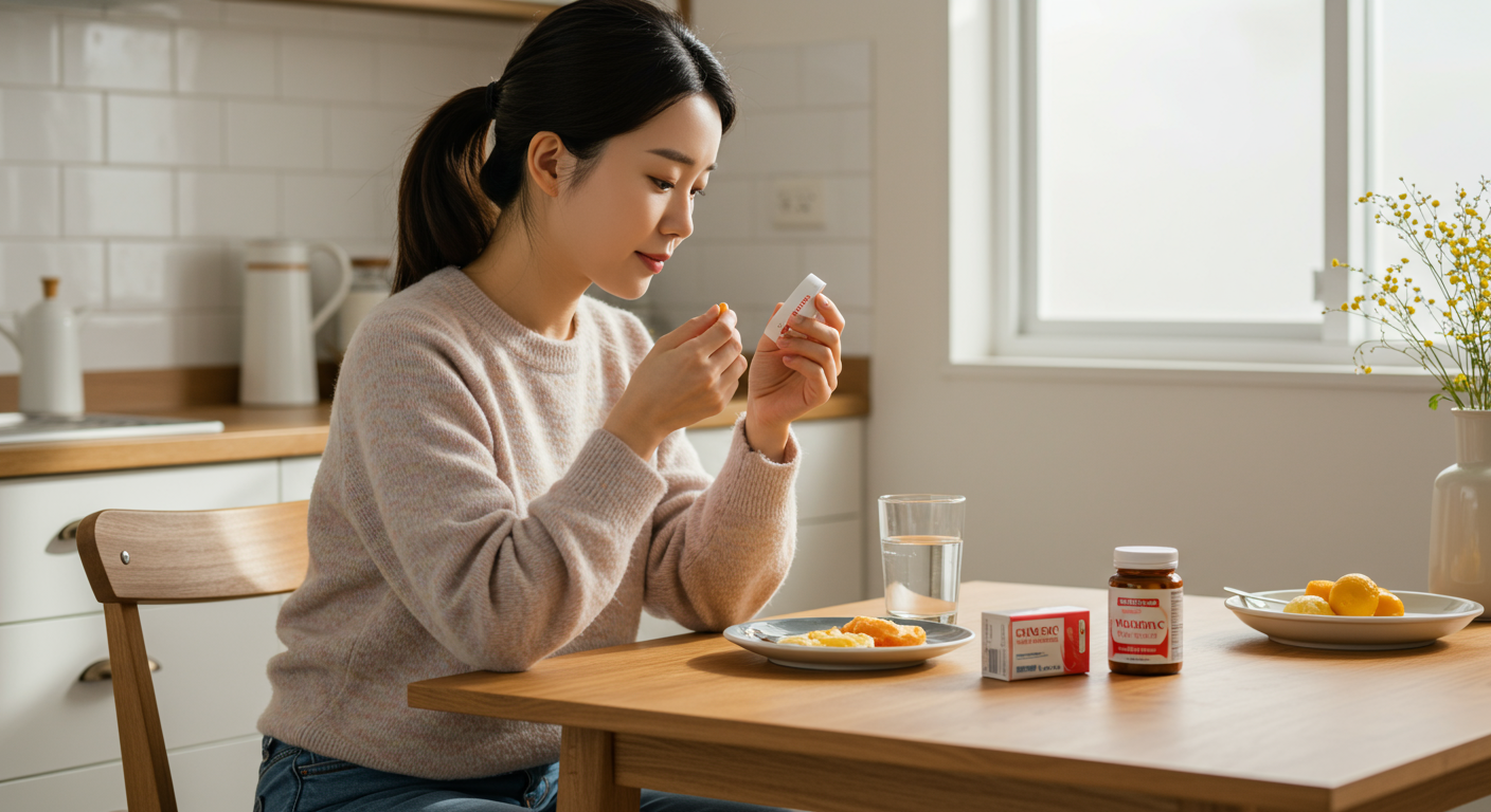 아침 식사 후 부엌 테이블에서 물과 함께 철분 및 비타민 C 보충제를 복용하는 여성