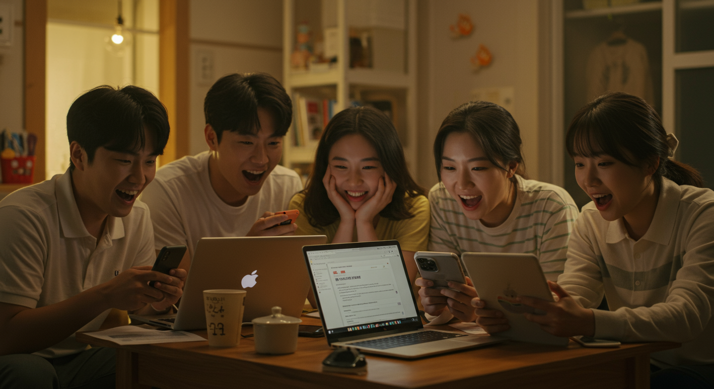 집에서 노트북과 스마트폰을 통해 티켓을 확인하는 팬들의 모습