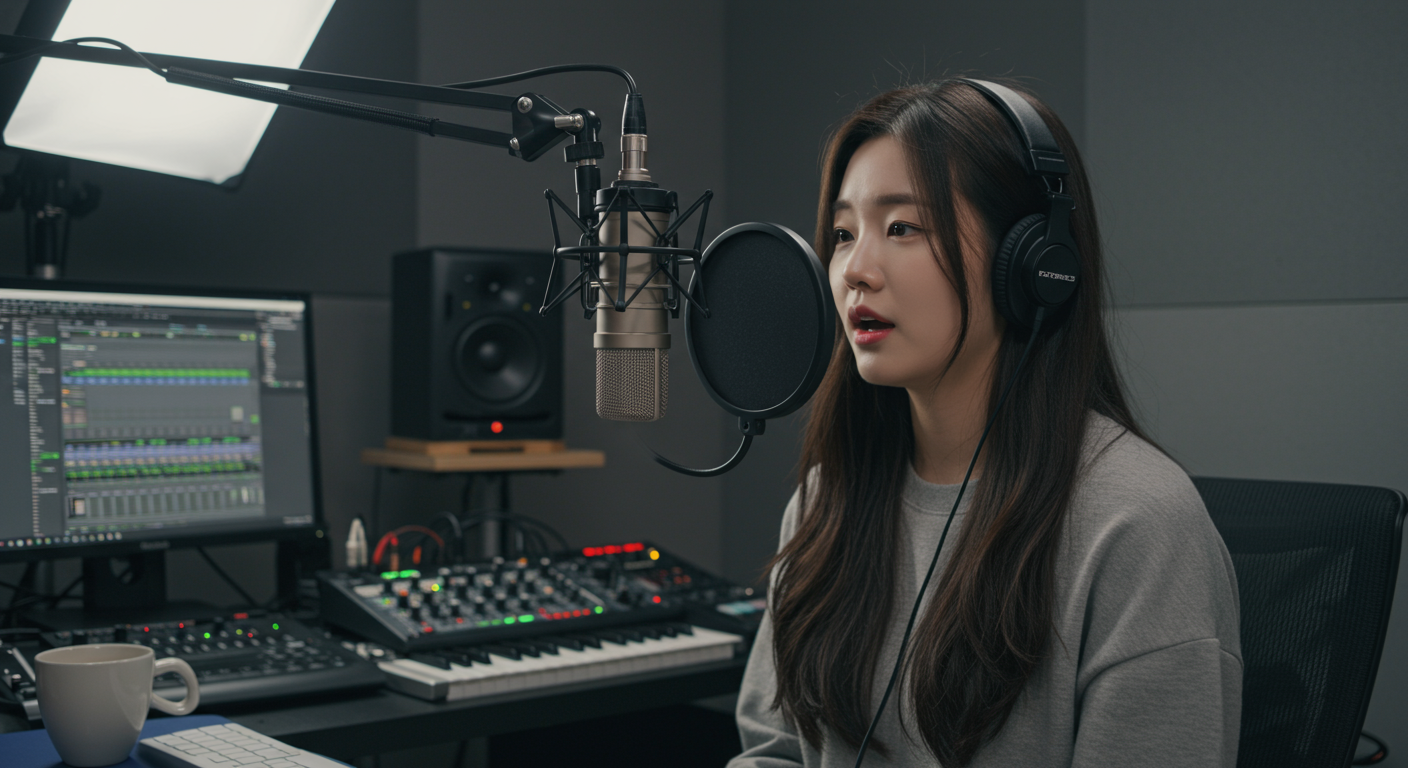 홈 스튜디오에서 전문 마이크와 조명을 활용해 데모 영상을 녹화하는 젊은 여성