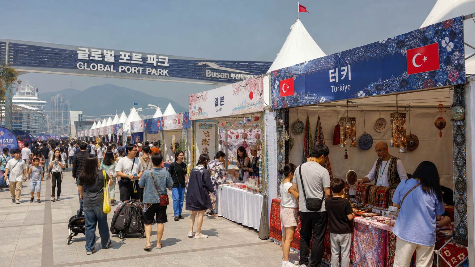 다양한 국가의 부스가 있는 글로벌 포트파크에서 문화 체험 중인 방문객들