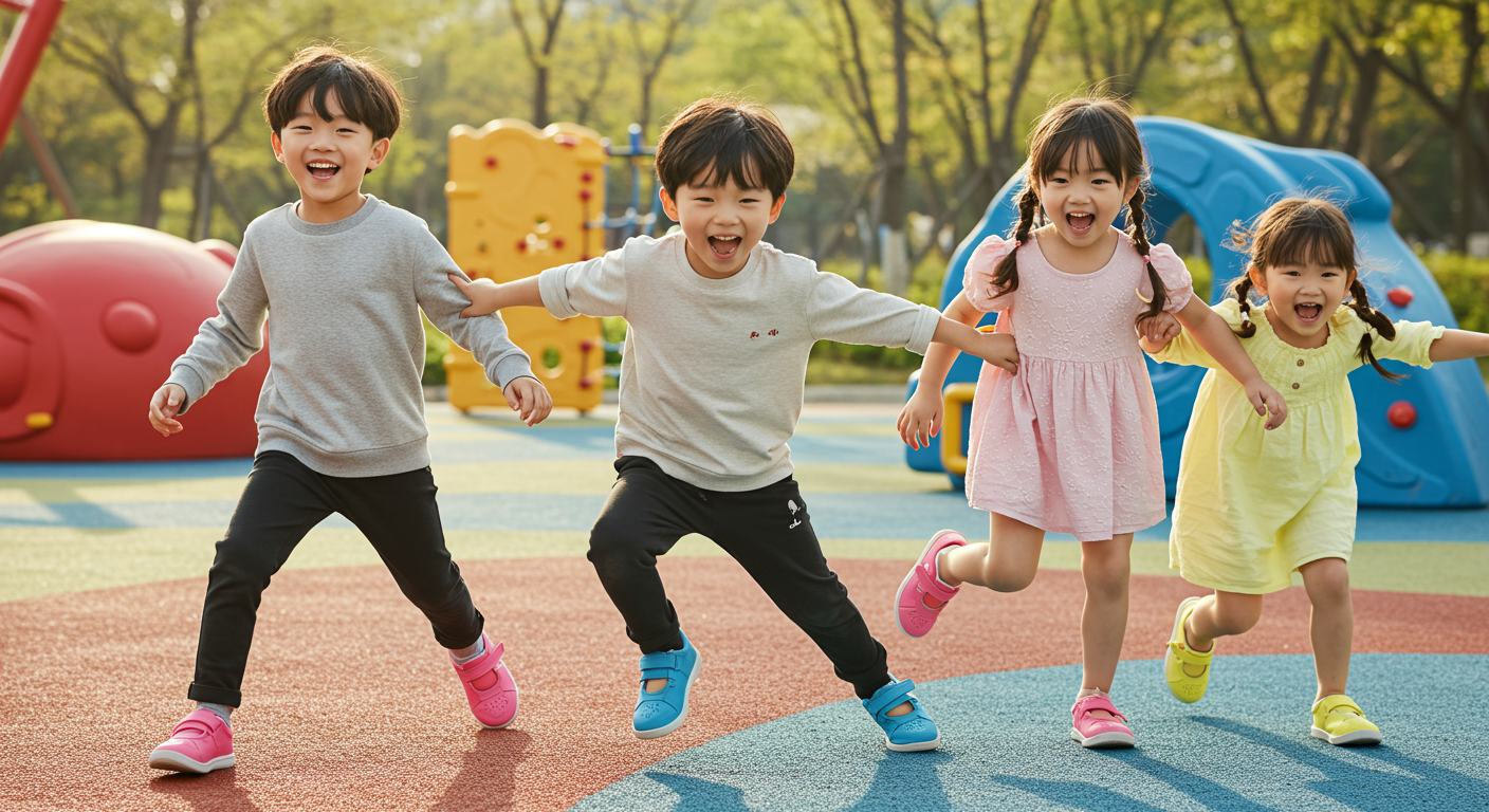 현대적인 한국 아이들이 벨크로 스트랩이 있는 메리제인 운동화를 신고 공원에서 노는 모습