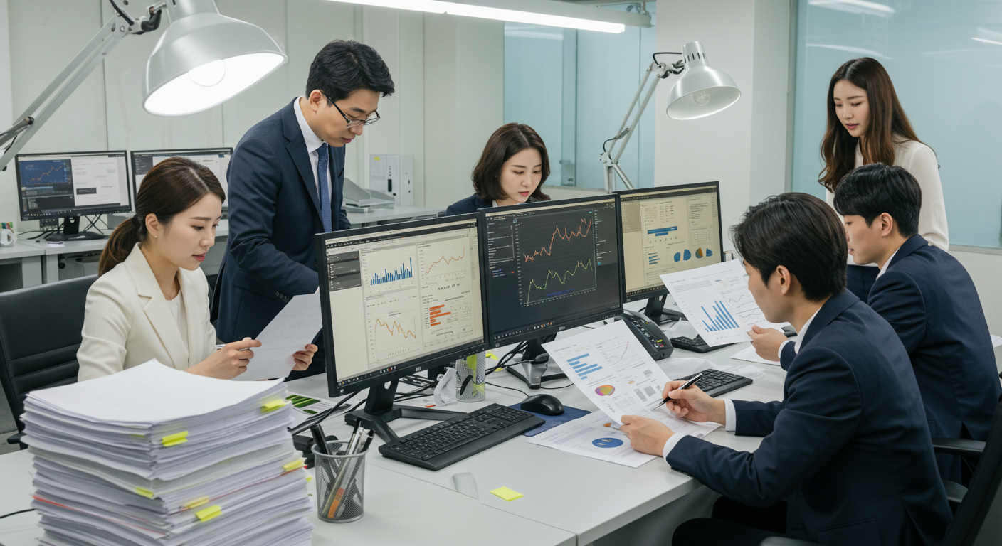 사무실에서 금융 자료를 분석하는 한국인 전문가들