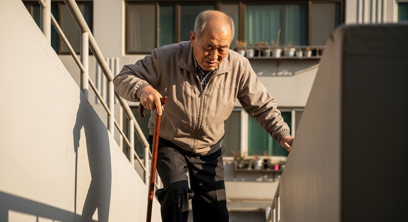아파트 계단을 내려가는 중 무릎 통증을 느끼는 노인의 모습