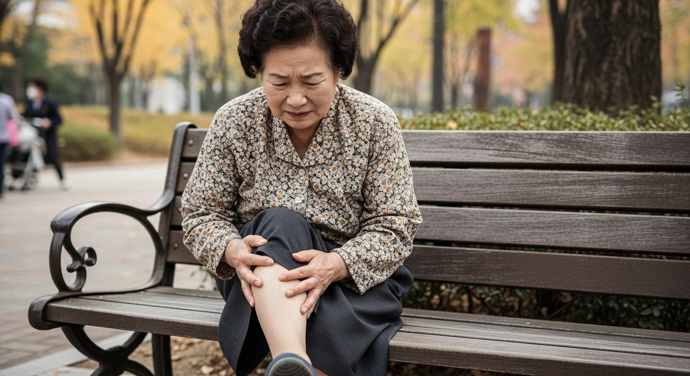 공원 벤치에 앉아 무릎 통증으로 고통스러워하는 여성