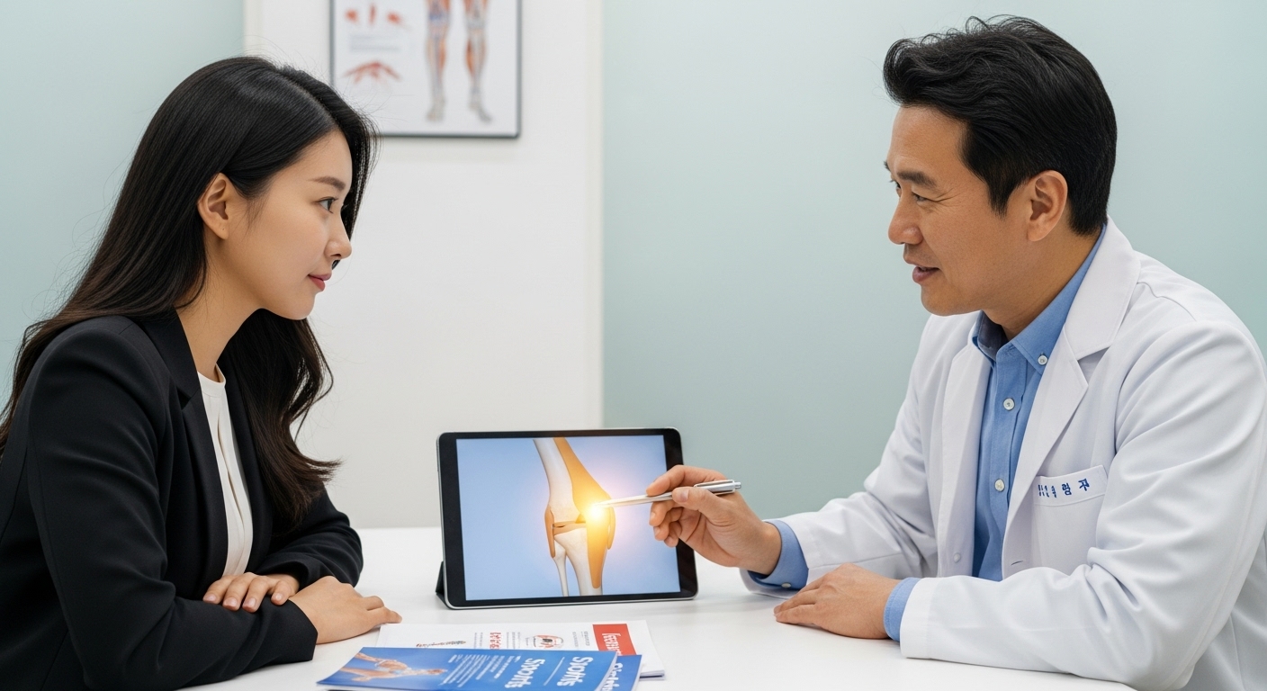 클리닉에서 의사와 함께 무릎 건강 예방법에 대해 상담하는 젊은 여성