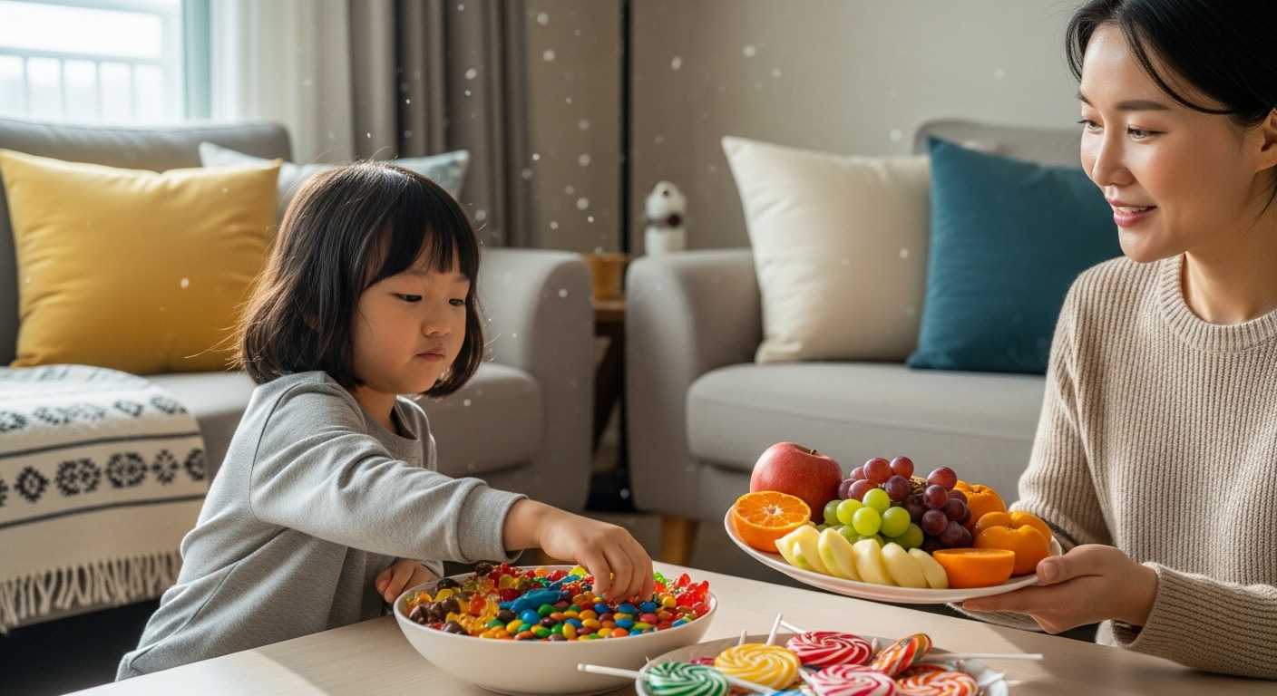단 음식을 선택하는 아이와 과일을 권하는 부모의 모습