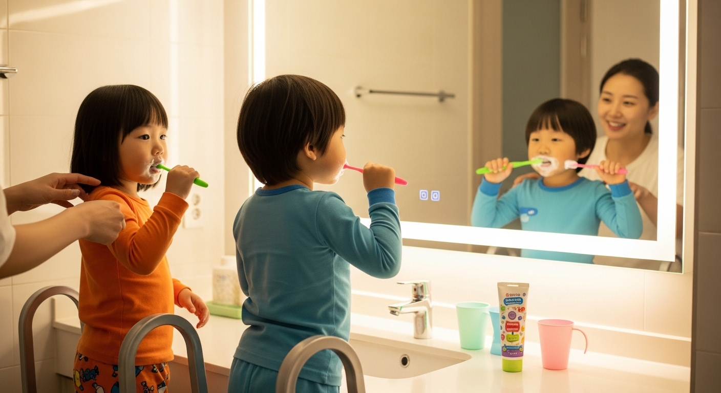 부모의 도움으로 양치질을 하는 어린아이들
