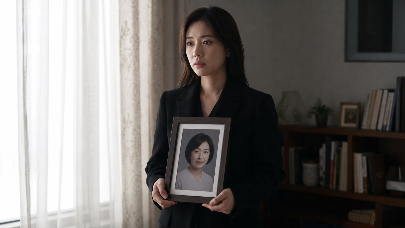 현대적 한국 여배우가 고인의 사진을 들고 있는 조용한 공간