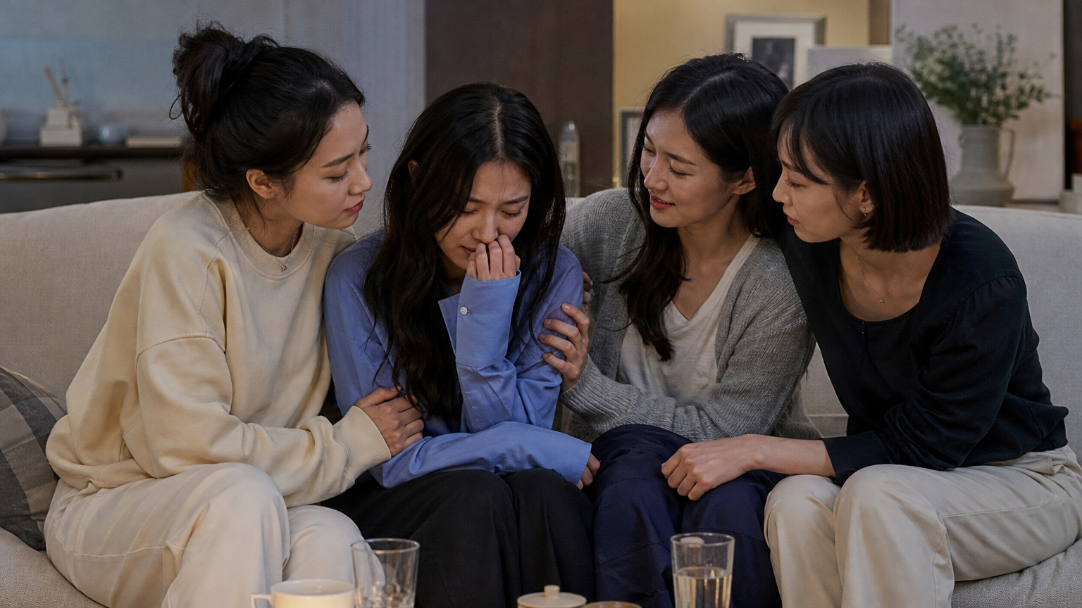 아늑한 거실에서 서로를 위로하고 있는 친밀한 여성 친구 그룹