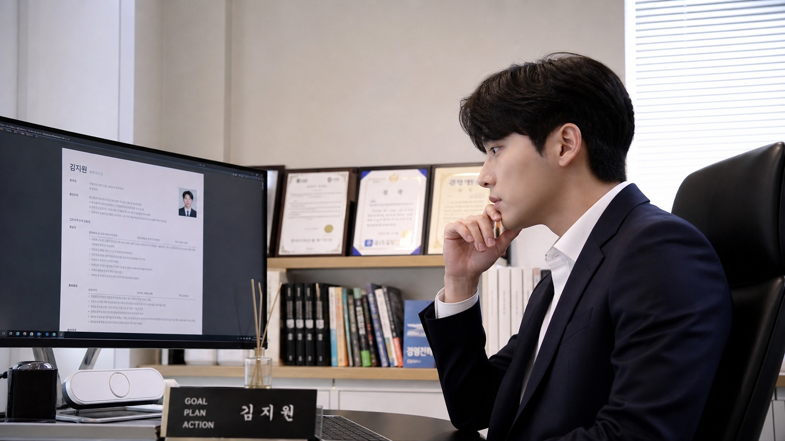 현대적인 사무실에서 이력서를 컴퓨터 화면으로 보고 있는 젊은 직장인의 모습