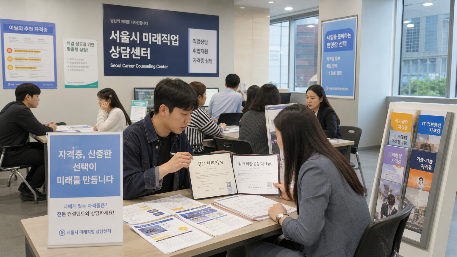 서울의 커리어 상담 센터에서 다양한 자격증을 평가하고 논의하는 사람들의 모습