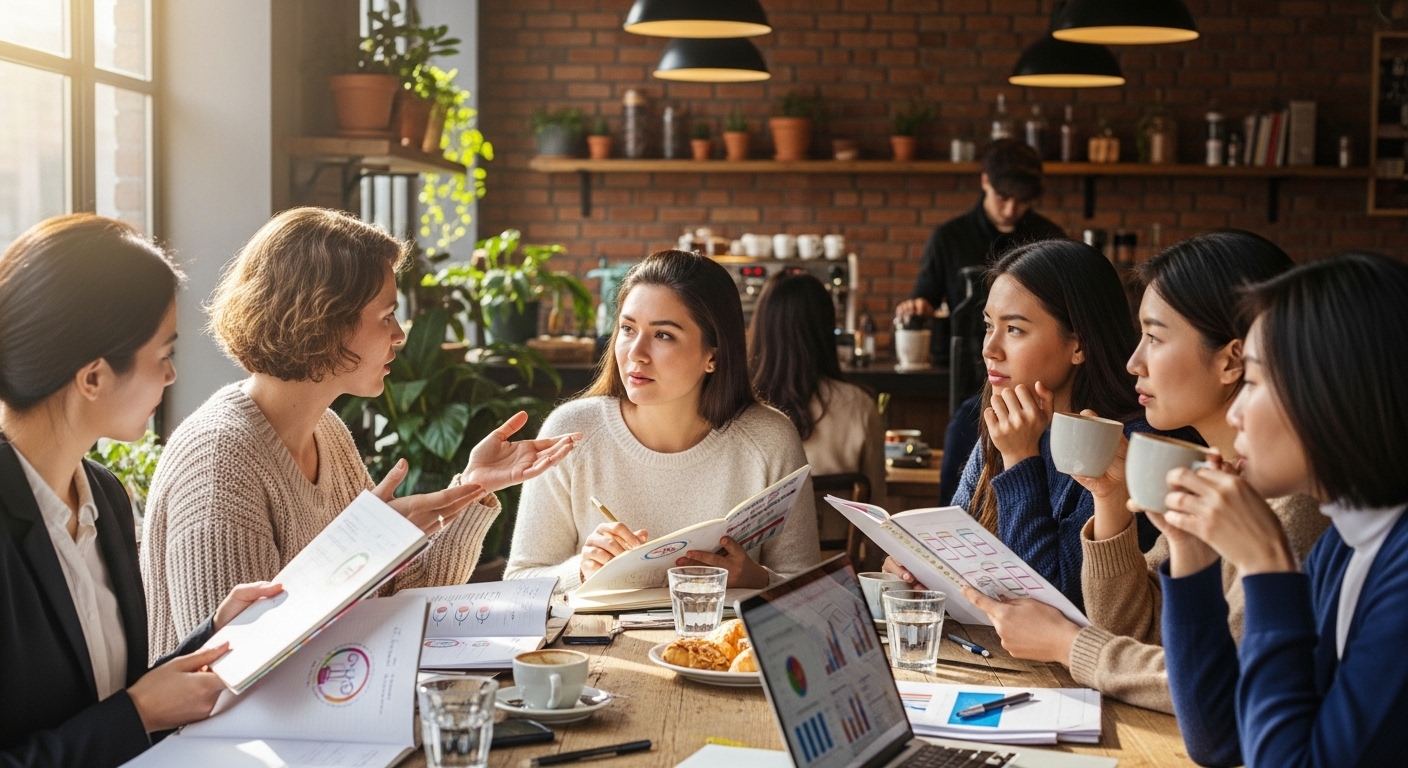 카페에서 다양한 한국 여성들이 생리 주기에 대해 이야기하는 모습