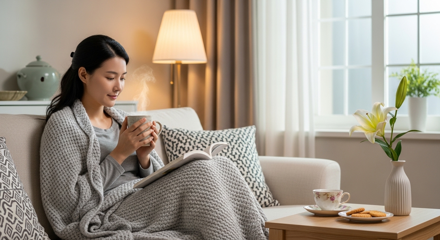 회복 기간 동안 집에서 차를 마시며 독서를 즐기는 한국 여성