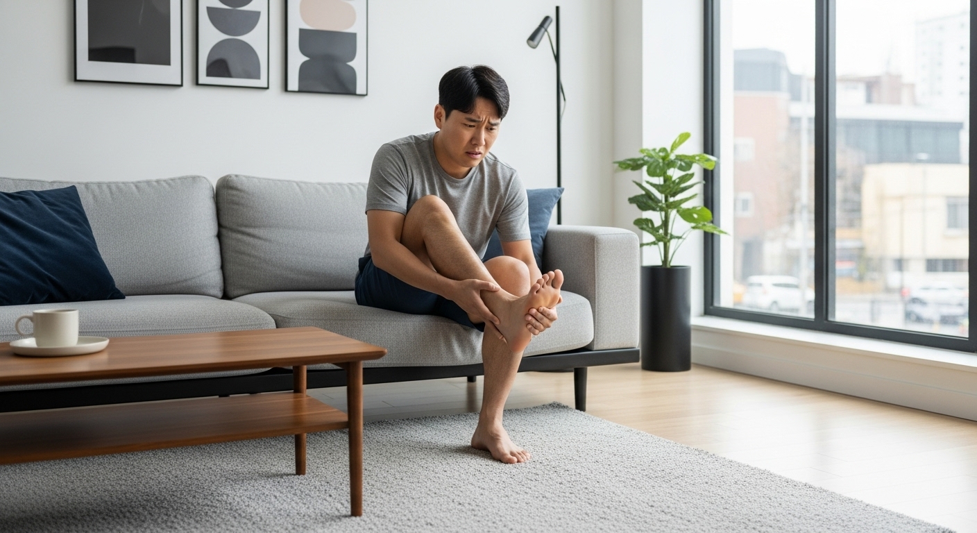 현대적인 거실에서 소파에 앉아 발을 쥐고 걱정스러운 표정을 짓는 남성