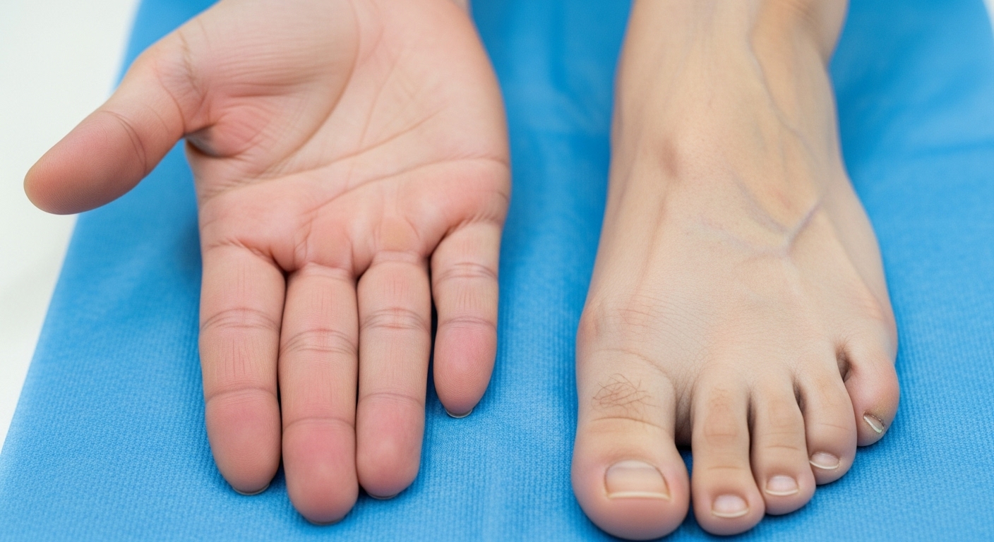 임상 환경에서 약간의 붉어짐과 부기가 있는 여성의 손과 발 클로즈업