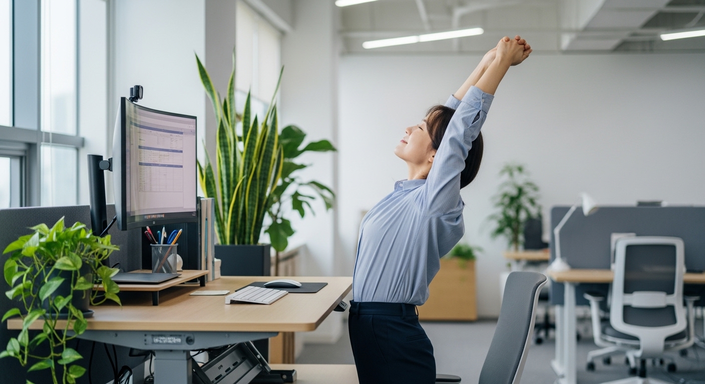현대적인 작업 공간에서 책상 앞에서 스트레칭하는 젊은 사무직 직원