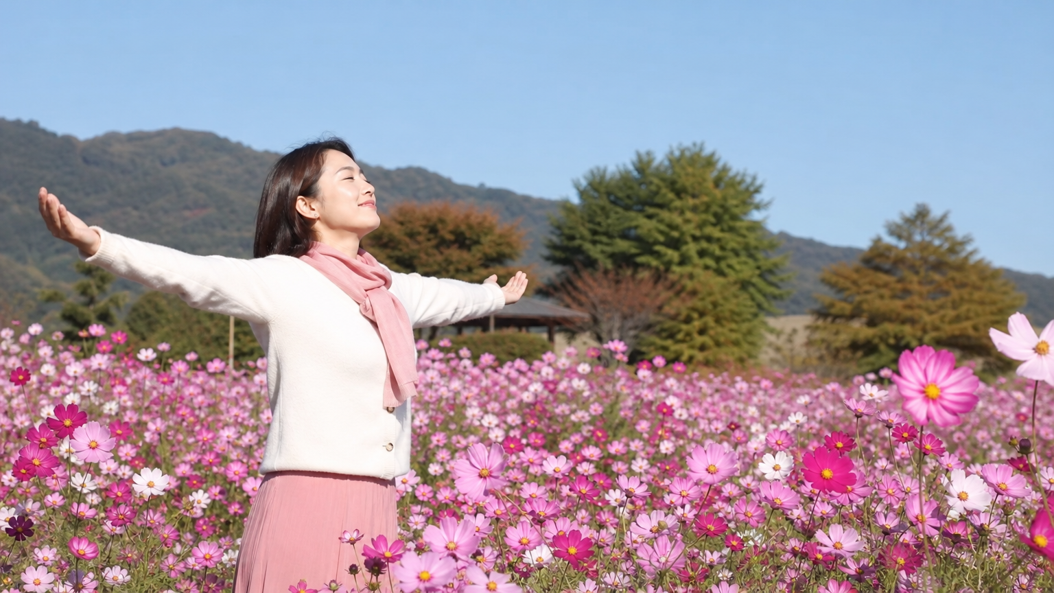 분홍색 코스모스 꽃밭에서 가을 하늘 아래 여유를 만끽하는 모습
