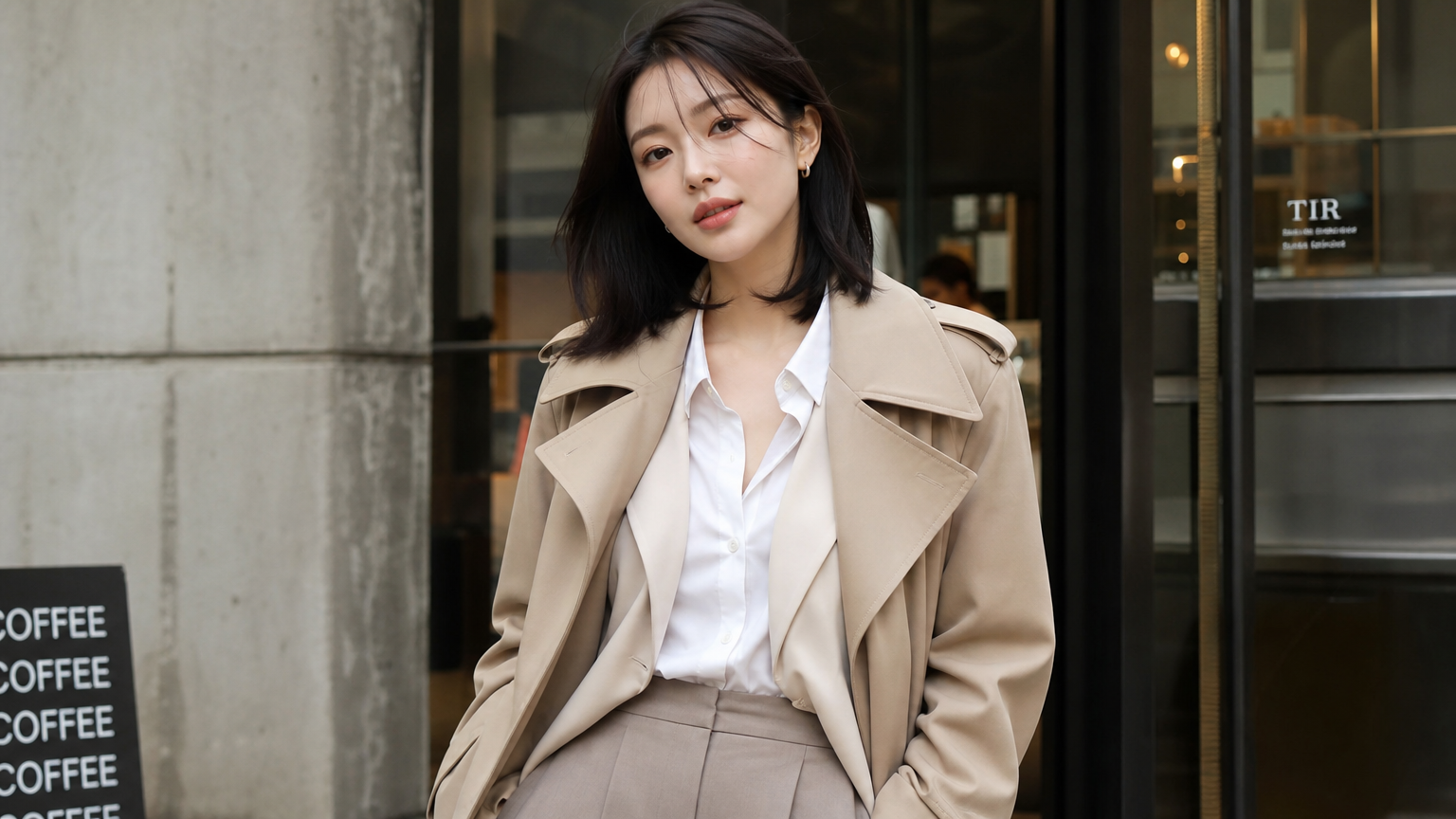 세련된 도시 배경에서 독특한 패션 스타일을 뽐내는 현대 여배우