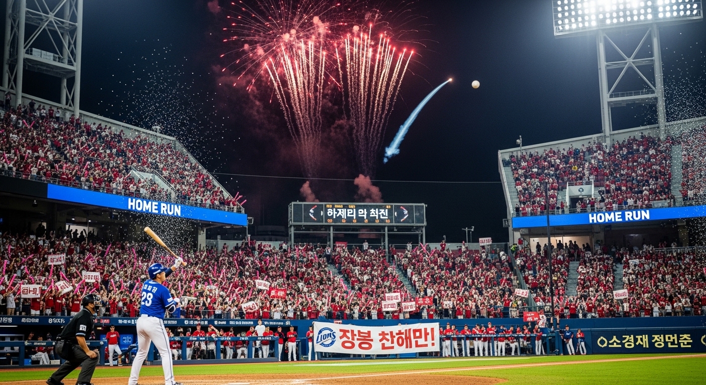 가득 찬 경기장에서 홈런을 치는 선수와 환호하는 팬들