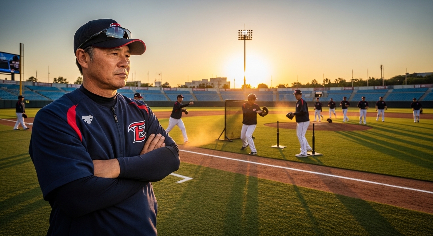 야구장 훈련 중 사려 깊은 자세의 한국 야구 감독