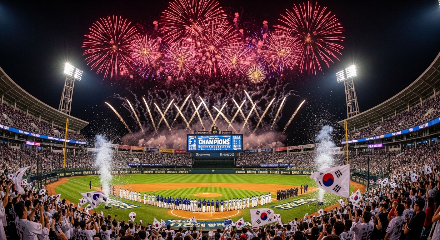 챔피언십 승리 후 수원 야구장 상공에 펼쳐진 축하 불꽃놀이와 환호하는 군중