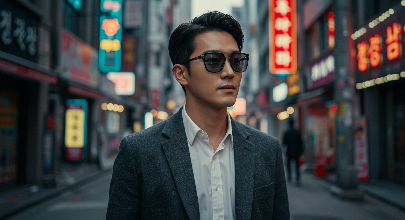 기하학적 사각 프레임과 고급 소재 조합의 선글라스를 착용한 세련된 현대 남성