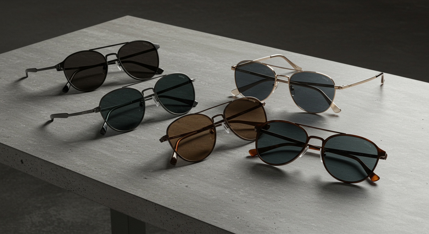 다양한 스타일로 전시된 펠릭스 에비에이터 선글라스로 2025년 패션 트렌드를 이끄는 모습