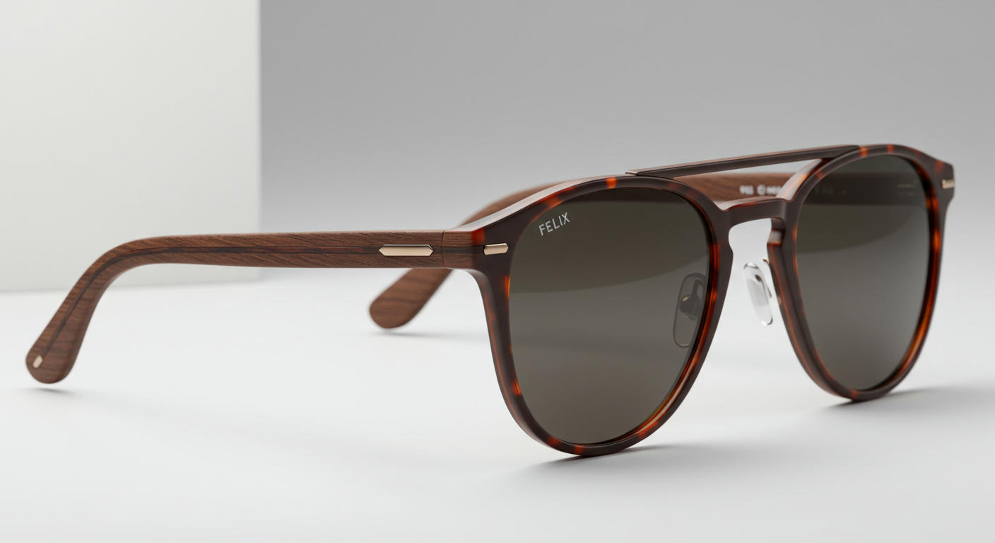 거북이 아세테이트와 체리 우드 디자인이 돋보이는 선글라스 클로즈업