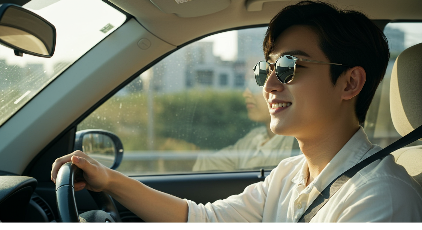 넓은 직사각형 프레임을 착용하고 운전하는 모습에서 UV 차단과 편광 렌즈 강조