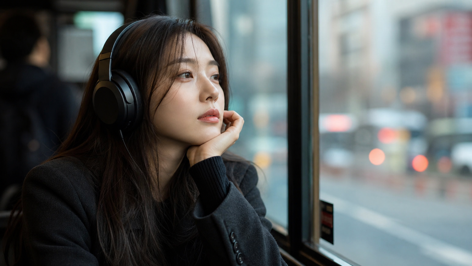 현대 도시 환경에서 헤드폰을 통해 음악을 듣고 있는 여성의 이해심 있는 표정