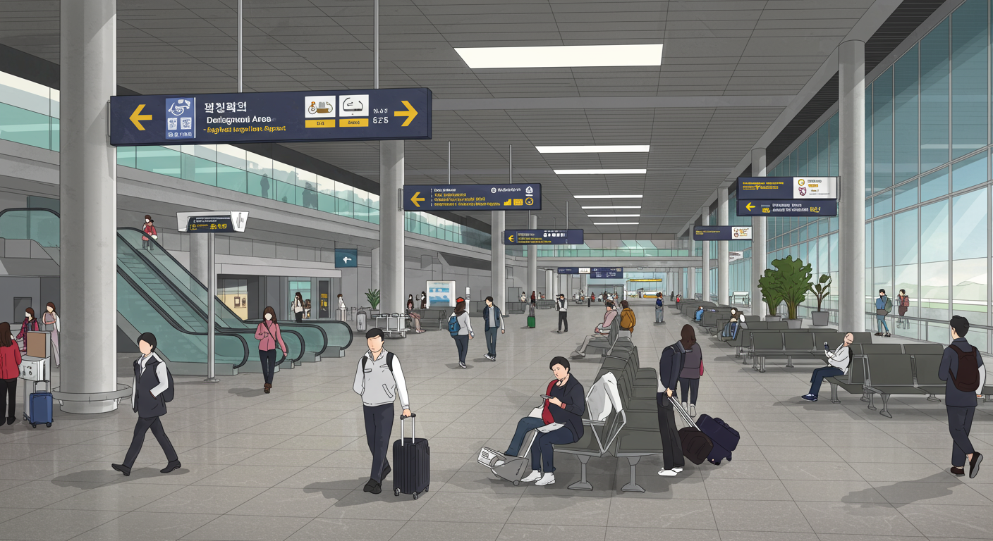 김해공항의 현대적 풍경과 흡연구역 표지판