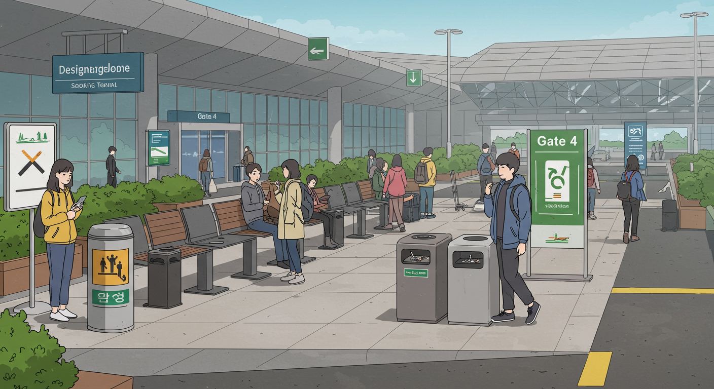 김해공항 국내선 터미널 게이트 4번 근처의 실외 흡연 구역