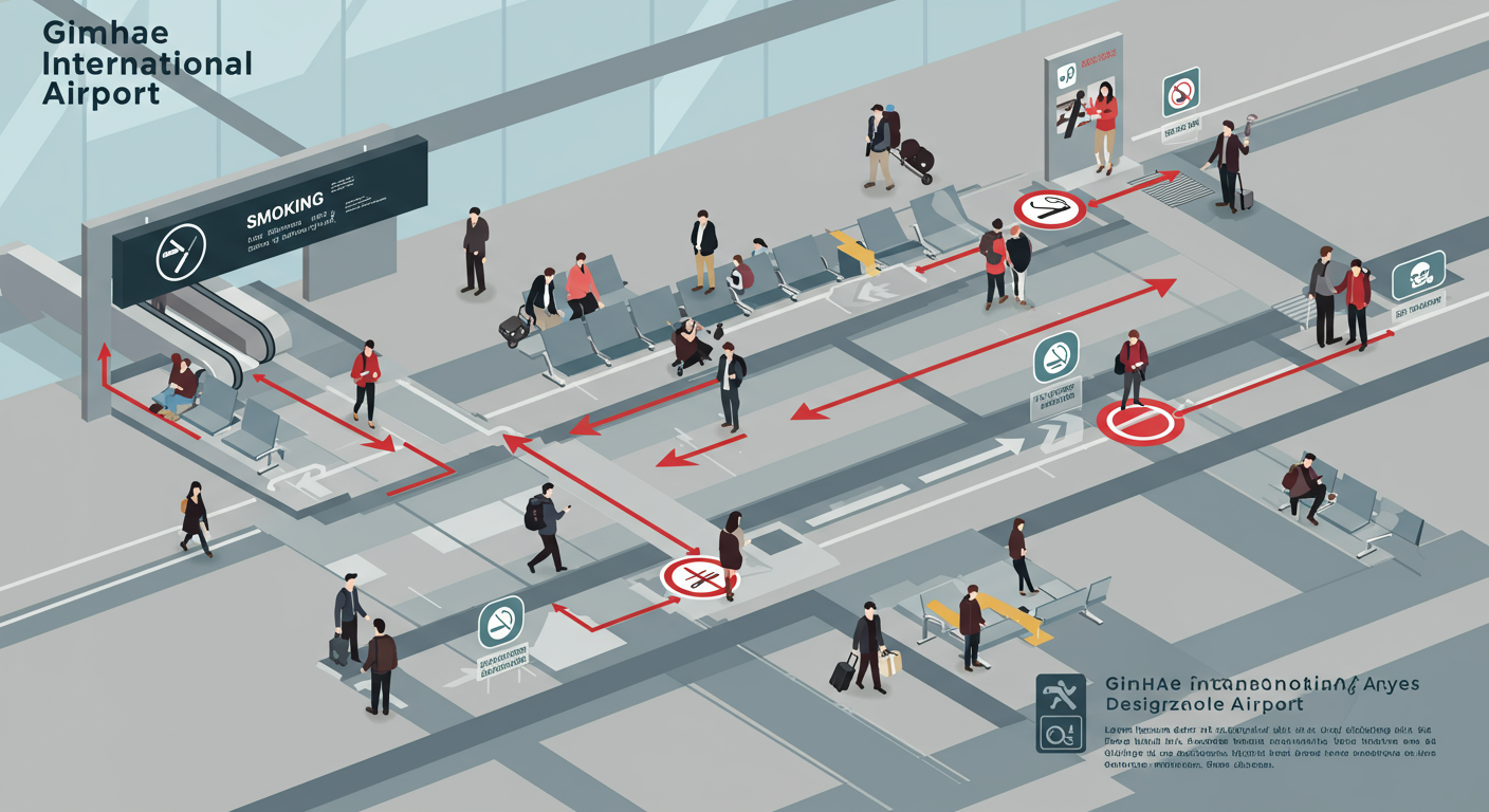 김해공항 내에서 효율적으로 이동하며 흡연 구역을 찾는 여행객들