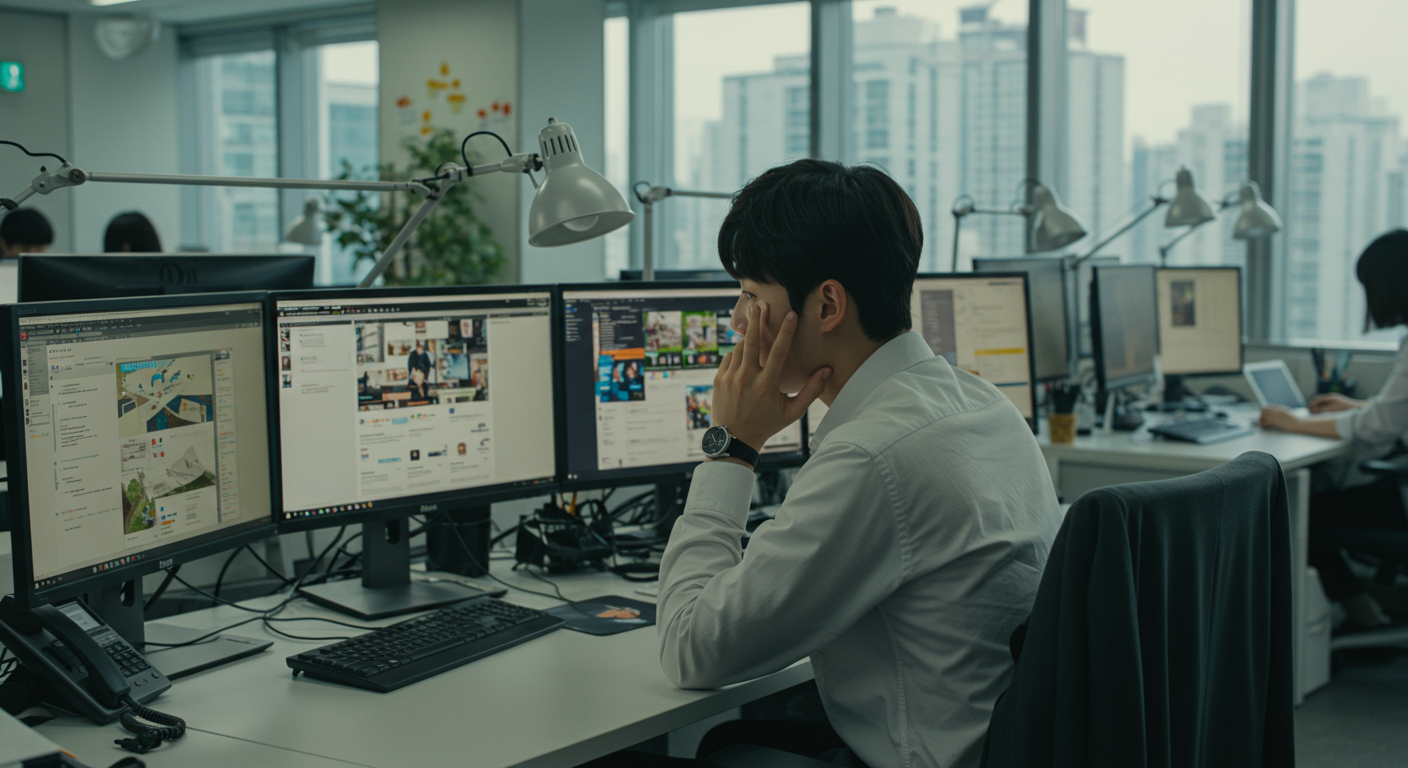 서울 사무실에서 여러 화면으로 뉴스를 보고 있는 현대인의 정보 과부하 모습