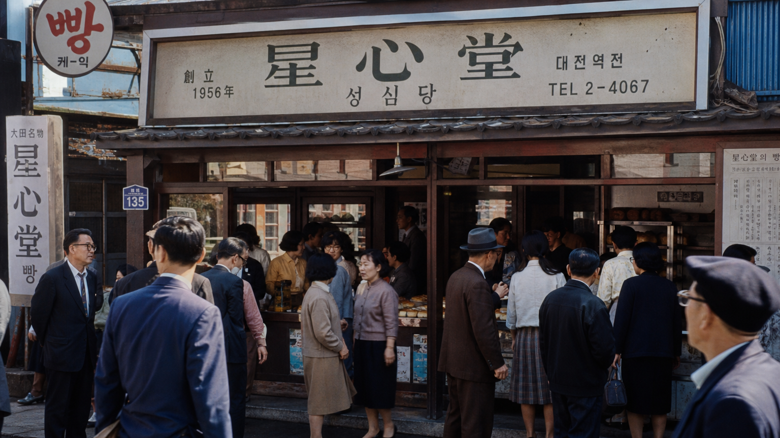 1950년대 성심당의 시작을 보여주는 복고풍 간판과 고객들로 북적이는 제과점