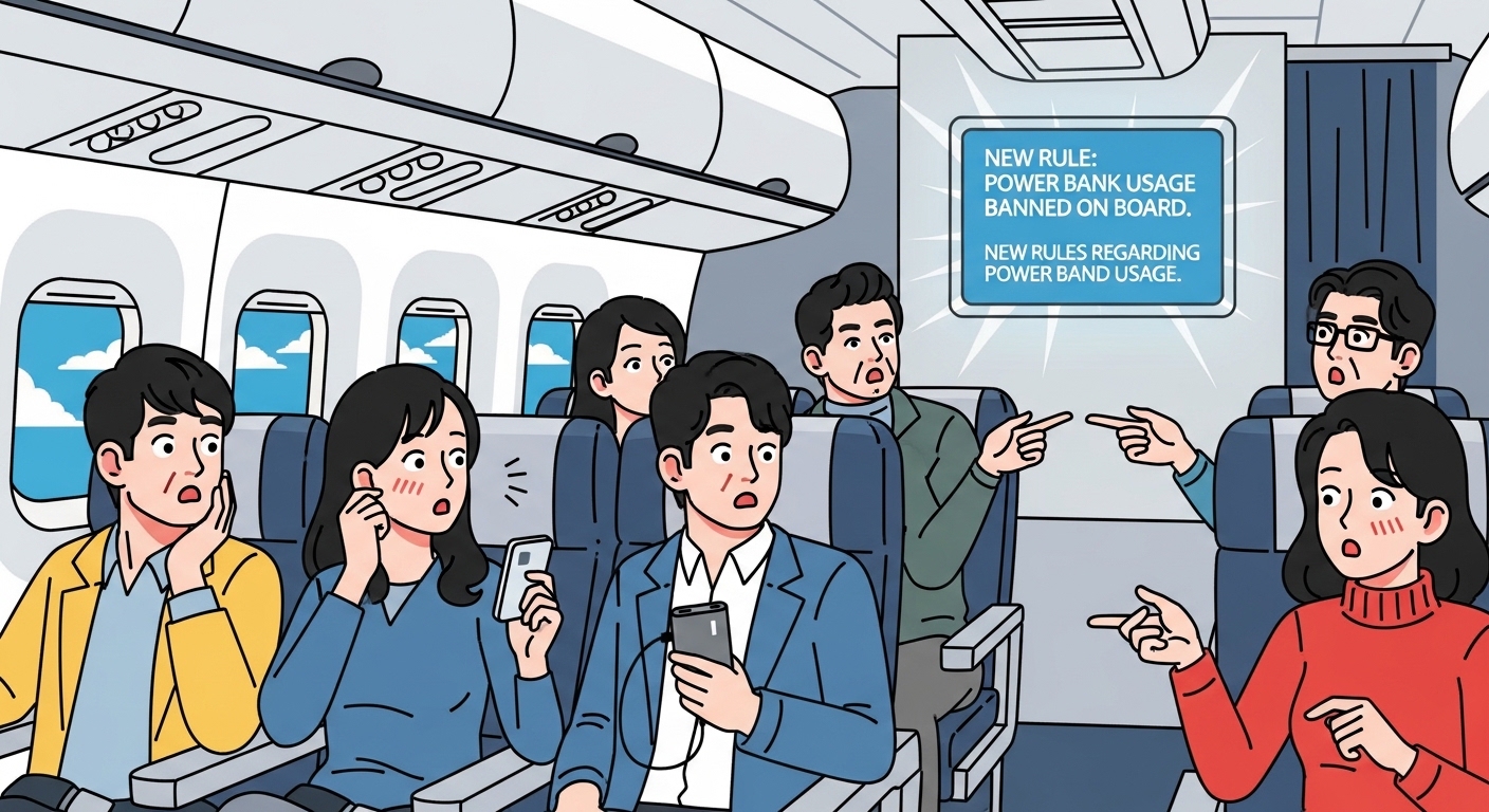 비행기 안에서 새로운 규정을 알리는 디지털 화면을 보고 놀라는 승객들