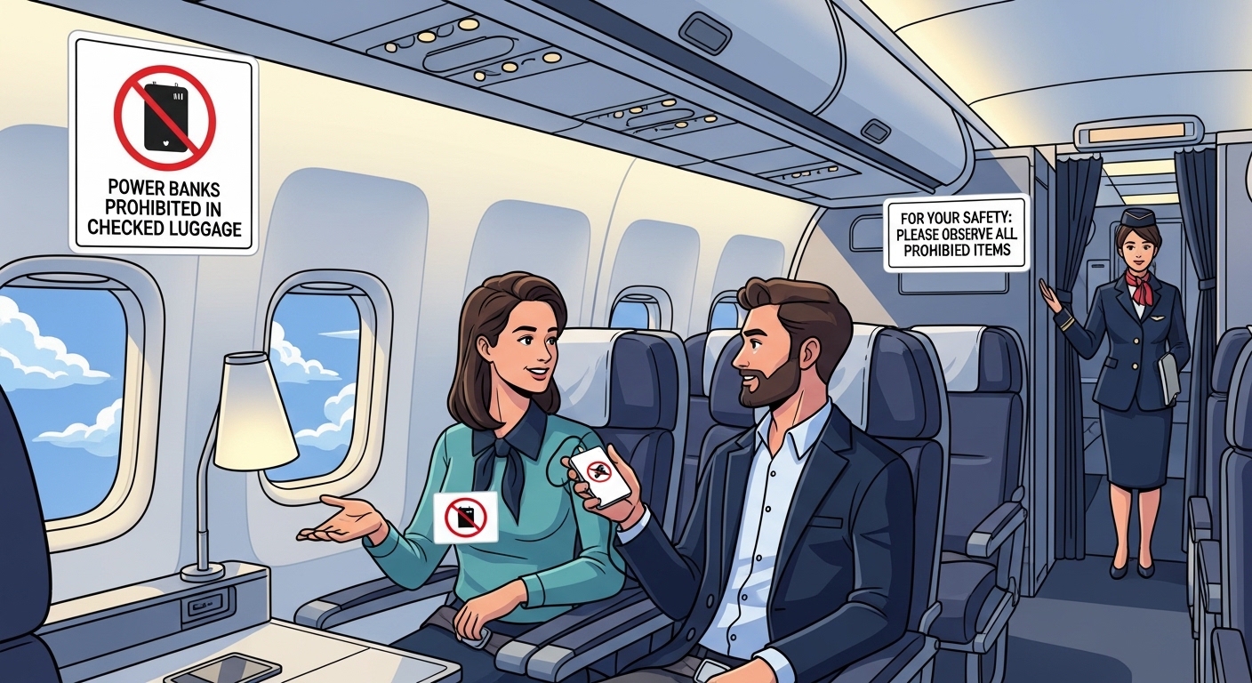 항공기 내부에서 안전 표지판과 함께 새로운 규정에 대해 이야기하는 승객들